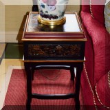 F34. Chinoiserie end table with drawer. 24.5”h x 15.5”w x 15.5”d 